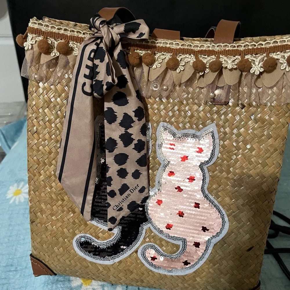 Handmade woven Tote with Sequin Cat Design and Scarf